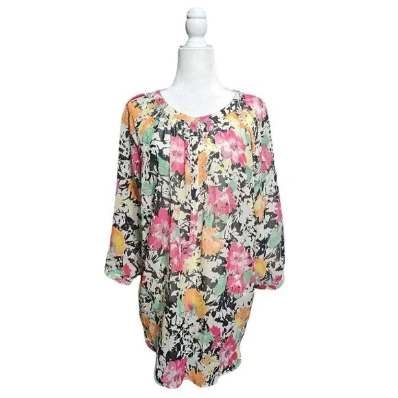 Lauren Ralph Lauren floral sheer 3/4 sleeve multicolor plus size top blouse 2X - Picture 1 of 7